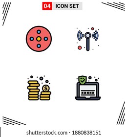 Stock Vector Icon Pack of 4 Line Signs and Symbols for camera reel; money; storage; wireless; password Editable Vector Design Elements