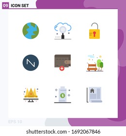 Stock-Vektorillustration-Icon-Paket mit 9 Zeichen und Symbolen für Bänke; neu; entsperren; Geld; Design-Elemente für Vektorillustrationen mit klanglicher Bearbeitbarkeit