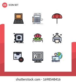 Stock Vector Icon Pack of 9 Line Signs and Symbols for costume mask; vault; beach; security; locker Editable Vector Design Elements