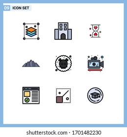 Stock Vector Icon Pack of 9 Line Signs and Symbols for mountain; landscape; travelling; hill; hour Editable Vector Design Elements
