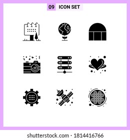 Paquete de iconos vectores de 9 señales de línea y símbolos para datos; valentina; construcción; fotografía; elementos de diseño de vectores editables de cámara
