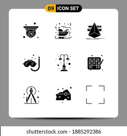 Stock Vector Icon Pack of 9 Line Signs and Symbols for light; summer; design; snorkeling; diving Editable Vector Design Elements