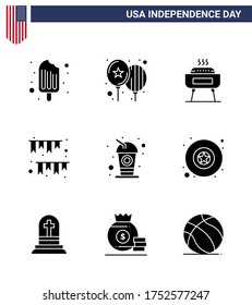 Stock Vector Icon Pack of American Day 9 Line Signs and Symbols for bottle; decoration; barbeque; buntings; american day Editable USA Day Vector Design Elements