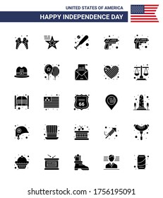 Stock Vector Icon Pack of American Day 25 Solid Glyph Signs and Symbols for american; hat; baseball; weapon; security Editable USA Day Vector Design Elements