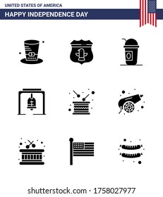 Paquete de iconos vectoriales del American Day 9 - Señales de línea y símbolos para tambores; timbre de iglesia; estados unidos; campana de navidad; elementos de diseño de vectores de USA Day editable de alerta