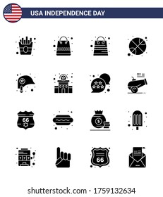 Stock Vector Icon Pack of American Day 16 Solid Glyph Signs and Symbols for station; building; ball; star; helmet Editable USA Day Vector Design Elements