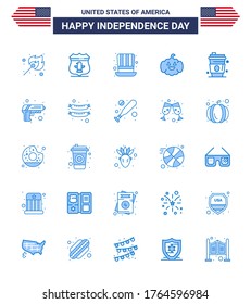 Stock Vector Icon Pack of American Day 25 Blue Signs and Symbols for juice; alcohol; day; usa; pumkin Editable USA Day Vector Design Elements
