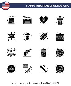 Stock Vector Icon Pack of American Day 16 Solid Glyph Signs and Symbols for police; sign; heart; stage; usa Editable USA Day Vector Design Elements
