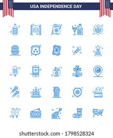 Stock Vector Icon Pack of American Day 25 Blue Signs and Symbols for country; bottle; invitation; american; drink Editable USA Day Vector Design Elements