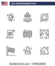 Stock Vector Icon Pack of American Day 9 Line Signs and Symbols for leisure; usa; nutrition; flag; usa Editable USA Day Vector Design Elements