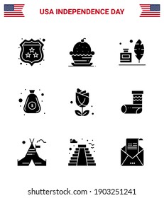 Paquete de iconos vectoriales de American Day 9 Line Signs and Symbols for flor; bolsa; acción de gracias; dinero; elementos de diseño de vectores de USA Day editable estadounidense