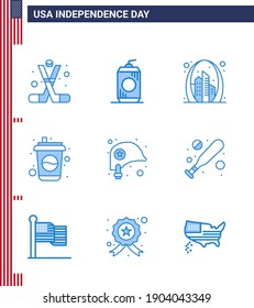 Stock Vector Icon Pack of American Day 9 Line Signs and Symbols for soda; cola; usa; bottle; landmark Editable USA Day Vector Design Elements
