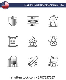 Stock-Vektorsymbol Pack of American Day 9 Line Zeichen und Symbole für Nachtisch; usa; Cole; amerikanisch; Bildlauf Bearbeitbare US-Day-Vectordesign-Elemente