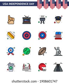 Stock Vector Icon Pack of American Day 16 Line Signs and Symbols for holiday; hotdog; barbecue; american; officer Editable USA Day Vector Design Elements