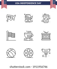 Stock Vector Icon Pack of American Day 9 Line Signs and Symbols for cup; usa; bottle; thanksgiving; american Editable USA Day Vector Design Elements