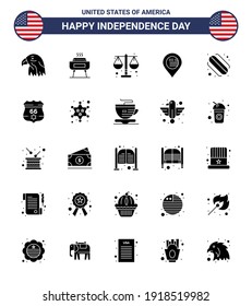 Stock Vector Icon Pack of American Day 25 Solid Glyph Signs and Symbols for hotdog; sign; court; map; american Editable USA Day Vector Design Elements
