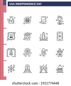 Stock-Vektorsymbol Pack der American Day 16 Line Zeichen und Symbole für Schilde; vollständig, Bier; usa; florierbar bearbeitbare, für den USA-Tag bestimmte Vectordesign-Elemente