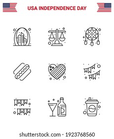 Stock Vector Icon Pack of American Day 9 Line Signs and Symbols for american; hotdog; scale; american; western Editable USA Day Vector Design Elements