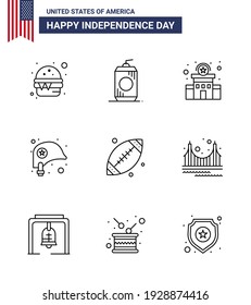 Stock Vector Icon Pack of American Day 9 Line Signs and Symbols for footbal; star; building; protection; head Editable USA Day Vector Design Elements