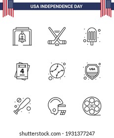 Paquete de iconos vectoriales de American Day 9 Line Signs and Symbols para united; béisbol; nata; americano; elementos de diseño de vectores editables por el día USA