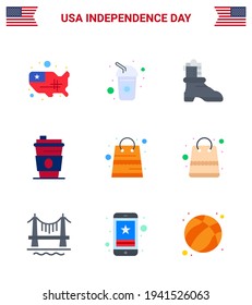 Stock Vector Icon Pack of American Day 9 Line Signs and Symbols for packages; bag; shose; usa; drink Editable USA Day Vector Design Elements