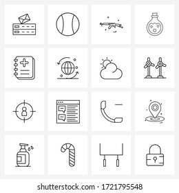 Conjunto de iconos vectores de material de 16 símbolos de línea para el panel de notas; caza; ejército; elemento; ilustración de vectores de componentes