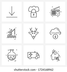 Juego de iconos vectoriales de 9 líneas para Navidad; reno; radio; piscina; ilustración vectorial de juegos
