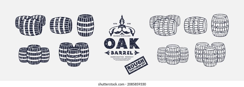 Stock vector icons set of wooden barrel. Design with rough textured. Isolated on white background