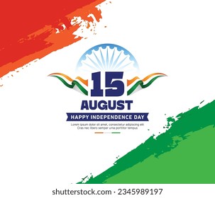 Stock vector Illustration of 15th August Happy Independence Day of India, with stylish text, Ashoka Wheel and tricolor Paint Brush Stroke background of Indian Flag concept.