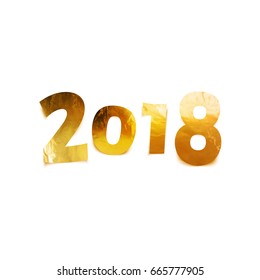 Stock vector illustration 2018 Happy New Year shiny, sparkly typeface gold leaf. Metal foil texture Isolated on white background. Greeting card, poster, brochure or flyer template. EPS 10