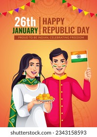 Stock vector illustration of 26th January India Happy Republic Day. Template design for poster, banner, flyer, and greeting card.