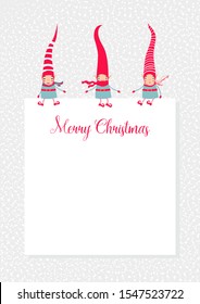 Stock vector illustration with 3 cute Christmas elves in striped red hats sitting on a sheet of paper. Template of Merry Christmas cards, congratulations, banners or posters with copy space.