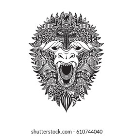 Stock vector illustration abstract isolated predatory unusual grin wild animal yeti bigfoot grinning jaws beast sketch tattoo decorated black linear patters doodle sentangle on white background