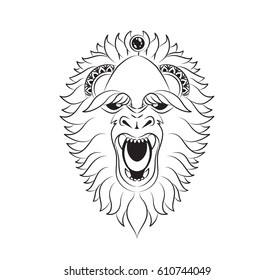 Stock vector illustration abstract isolated predatory unusual grin wild animal yeti with grinning jaws beast sketch for tattoo decorated black linear doodle on white background
