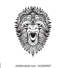 Stock vector illustration abstract isolated predatory unusual grin wild animal yeti bigfoot grinning jaws beast sketch tattoo decorated black linear patters doodle sentangle on white background