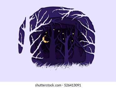 Stock vector illustration of abstract nature design element trees, forest, unusual landscape, decor on violet background for printed materials, web sites, greeting cards, covers, wallpaper