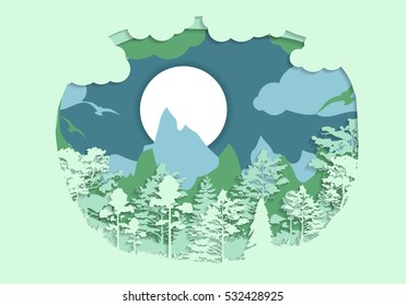 Stock vector illustration of abstract nature design element trees, forest, unusual landscape, decor on green background for printed materials, web sites, greeting cards, covers, wallpaper