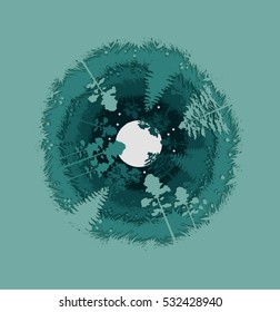 Stock vector illustration abstract nature design element trees, forest with full moon unusual landscape, decor on turquoise background for printed materials, web site, greeting card, covers, wallpaper