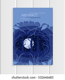 Stock vector illustration of abstract nature design element trees, forest with full moon unusual landscape, decor on blue background for printed materials, web sites, greeting cards, covers, wallpaper