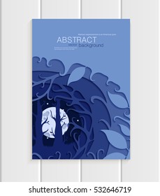 Stock vector illustration of abstract nature design element trees, forest with full moon unusual landscape, decor on blue background for printed materials, web sites, greeting cards, covers, wallpaper