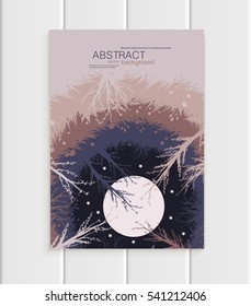 Stock vector illustration abstract nature design element trees, forest with full moon unusual landscape, decor on pink background for printed materials, web site, greeting card, covers, wallpaper