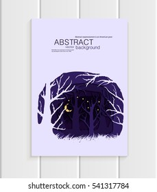 Stock vector illustration of abstract nature design element trees, forest, unusual landscape, decor on violet background for printed materials, web sites, greeting cards, covers, wallpaper