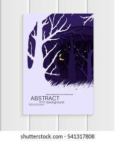 Stock vector illustration of abstract nature design element trees, forest, unusual landscape, decor on violet background for printed materials, web sites, greeting cards, covers, wallpaper