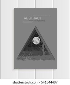 Stock vector illustration abstract nature design element trees, dark forest with full moon unusual landscape, decor on black background for printed materials, web site, greeting card, cover, wallpaper