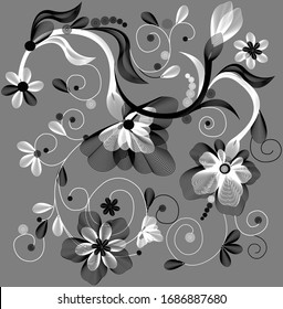 Stock vector illustration. Alternation of white and black flowers with leaves, branches and monograms on a gray background.