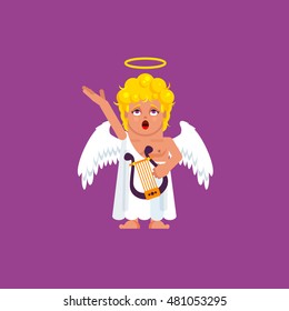 Stock vector illustration an Angel with harp sings a song, character for halloween in a flat style