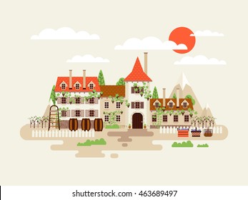 Stock vector illustration of architecture winery facade with vineyards on the background of mountains with barrels of wine in flat style