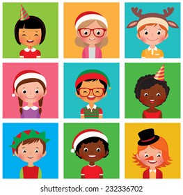 Stock vector illustration avatars children in holiday Christmas hats