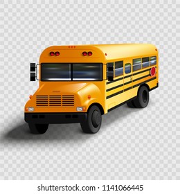 Stock vector illustration back to school, realistic happy school bus isolated on transparent checkered background. Template for placard, banner, flyer, presentation, report, sticker. EPS10