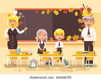 Stock vector illustration back to school cartoon characters schoolboy schoolgirl pupils apprentices teachers studying in classroom standing at staple with textbooks on background blackboard flat style